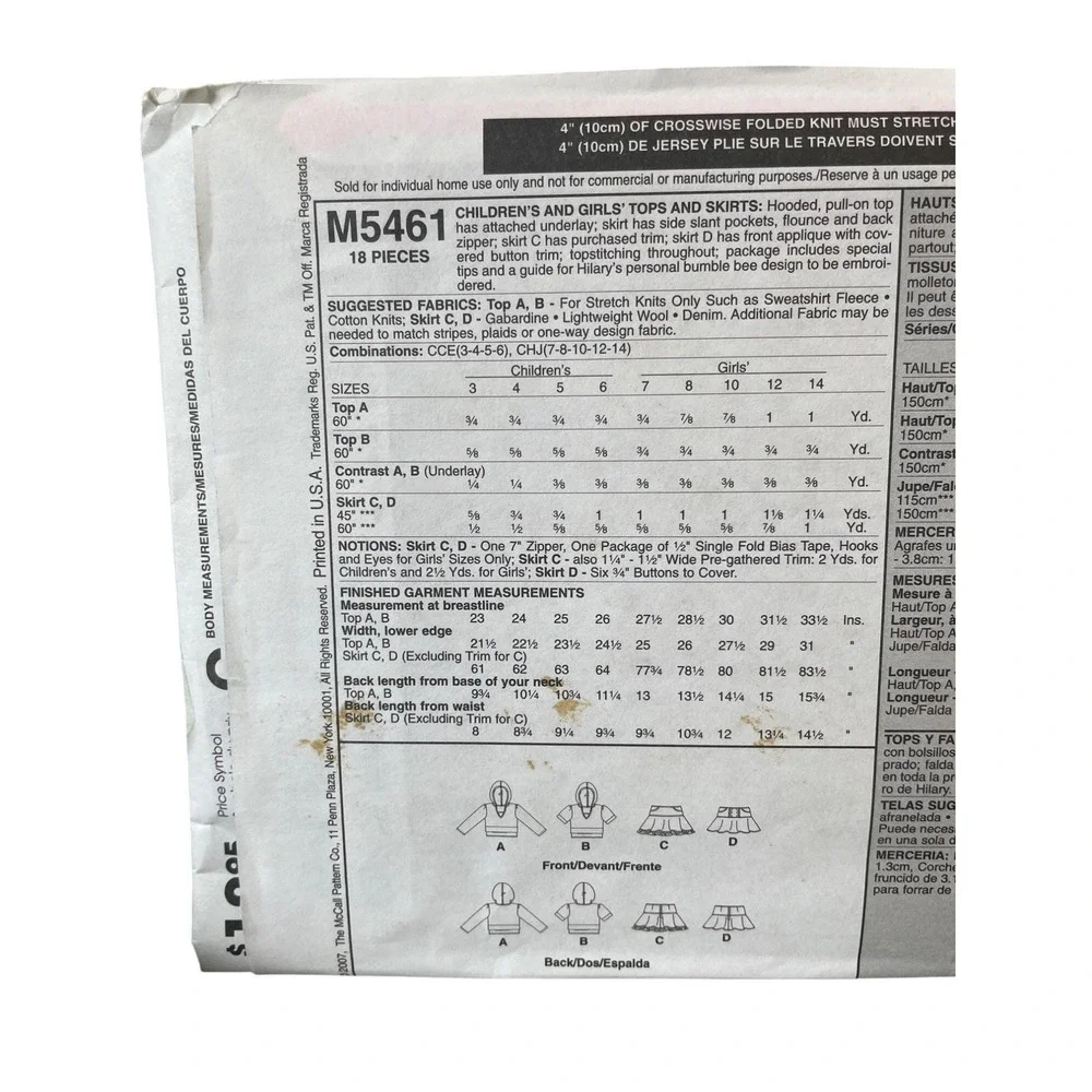 McCalls M5461 Sewing Pattern Girls Tops & Skirts Sizes 3-6‎ Hilary Duff